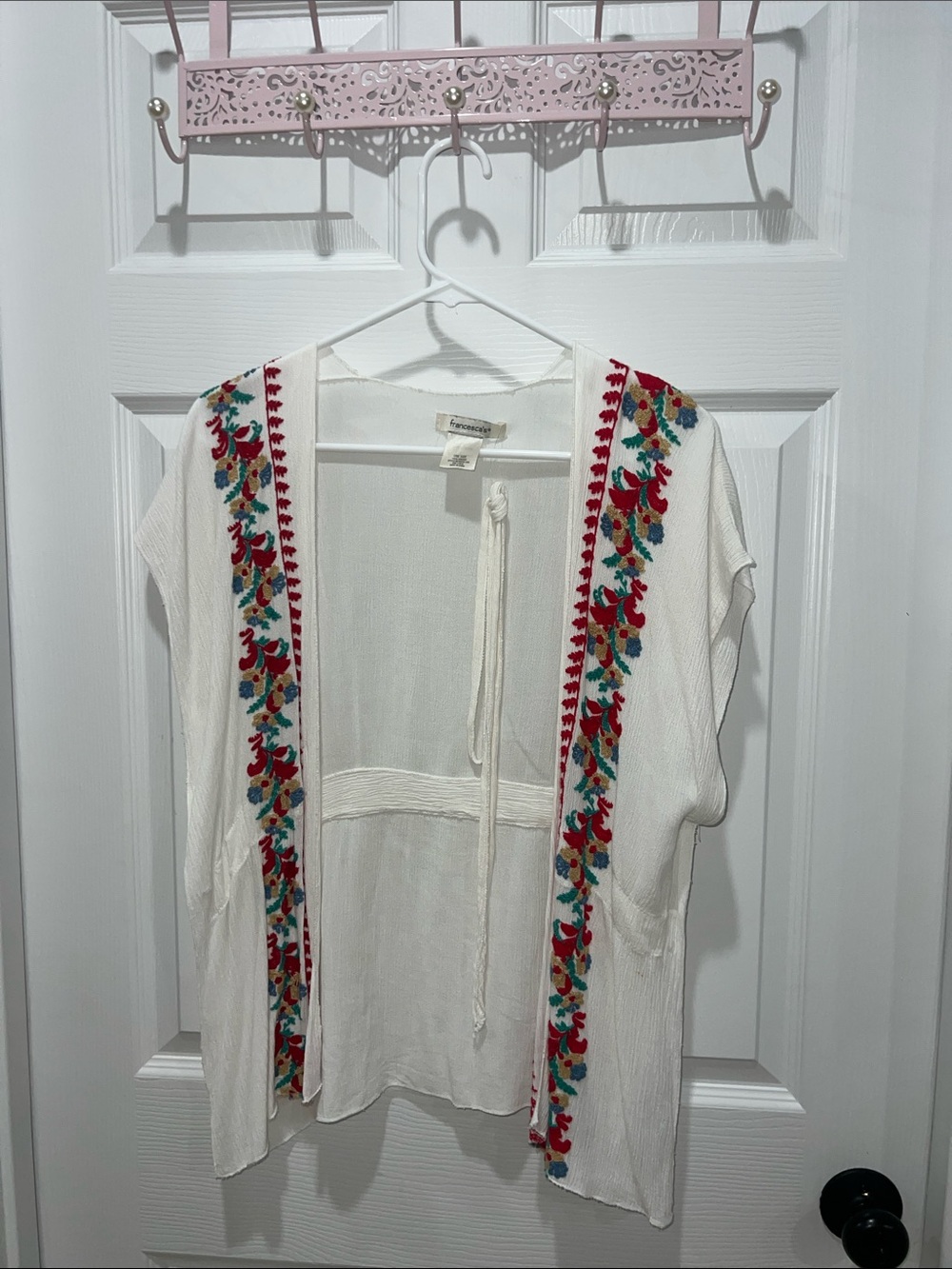 Francesca's Collections White Open-Front Tunic with Red & Teal Embroidery